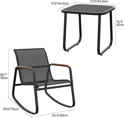 YITAHOME 3 Piece Rocking Bistro Set, Outdoor Patio Furniture Set with Wooden Armrests, Porch Chairs Set with Glass Table for Lawn, Garden, Balcony, Poolside, Dark Gray