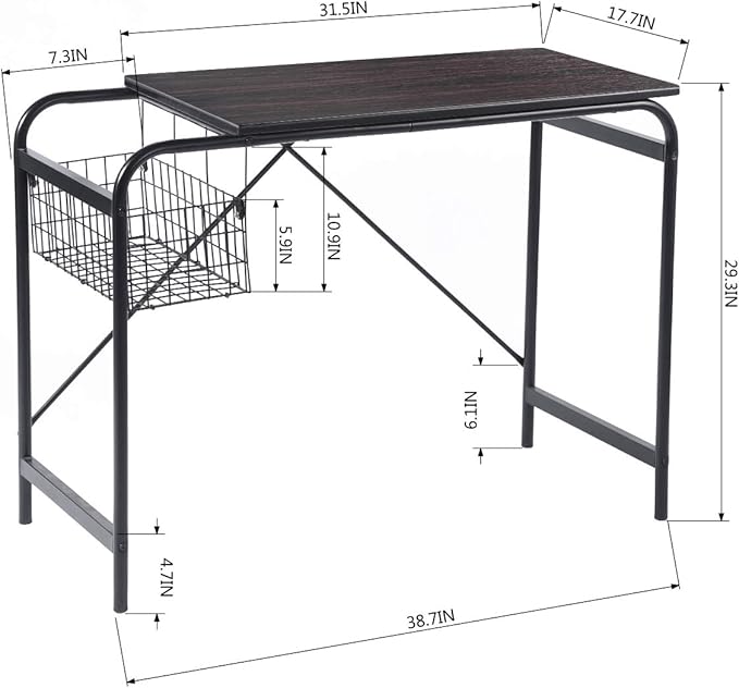FurnitureR Home Office Computer Basket 31.5“ Wooden Laptop Table with Storage Workstation Modern Study Writing Desk, Walnut Black