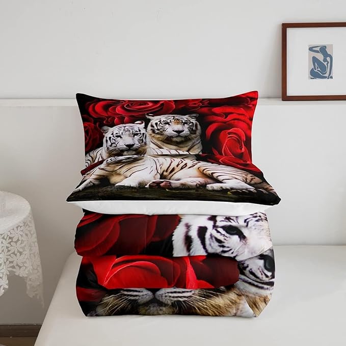 Tiger Comforter Set King, Red Rose Comforter Kids Girls Women,Red Image Of Large Cat Playing with Water Cool Nature Animal Quilted Duvet Insert Gorgeous Floral Flower Bedding Comforters,Brown