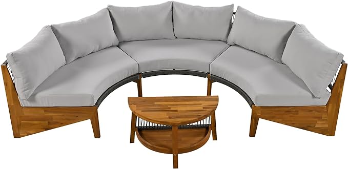 Merax Outdoor Sectional Patio Furniture Sets, Half Moon All Weather Wicker Seating Group, with Cushions and Round Coffee Table, Grey