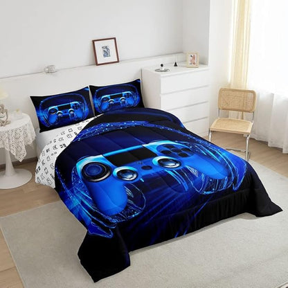 Feelyou Gamer Bedding Set Kids Video Game Gamepad Comforter Set for Boys Teens Gaming Headset Comforter Breathable Blue Game Controller Duvet Set Room Decor Quilt Set Twin Size