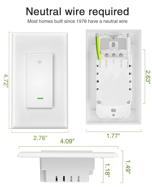 GHome Smart Switch, 3 Way Wi-Fi Light Switch Compatible with Alexa and Google Home, 2.4GHz Schedule Timer, Neutral Wire Required, 3-Way Installation, FCC Listed (4-Pack),White