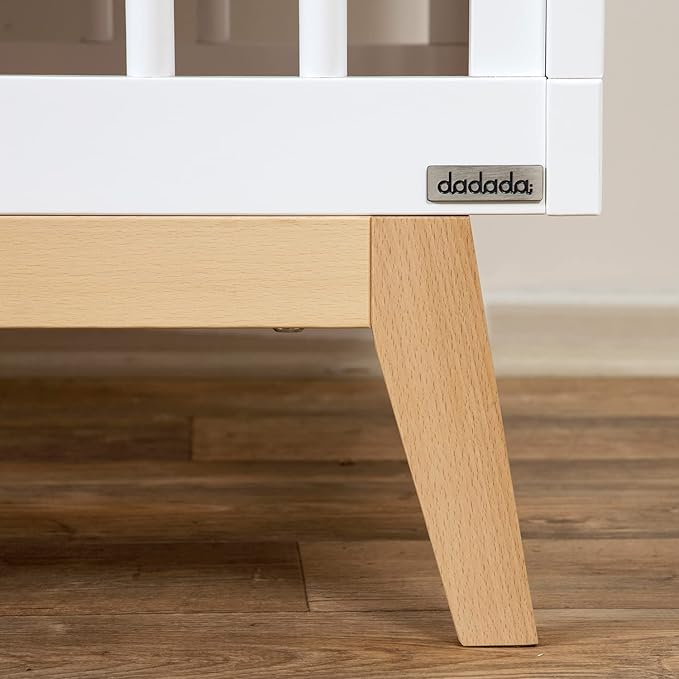dadada Baby Soho 3-in-1 Convertible Crib – Made in Italy, GREENGUARD Gold, Adjustable Mattress Height, Solid Beechwood – Baby-Safe Finish, Modern Design 53.15 x 29.95 x 36.7 in (White + Natural)