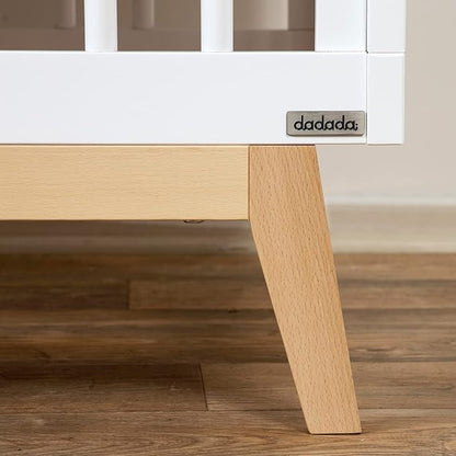 dadada Baby Soho 3-in-1 Convertible Crib – Made in Italy, GREENGUARD Gold, Adjustable Mattress Height, Solid Beechwood – Baby-Safe Finish, Modern Design 53.15 x 29.95 x 36.7 in (White + Natural)