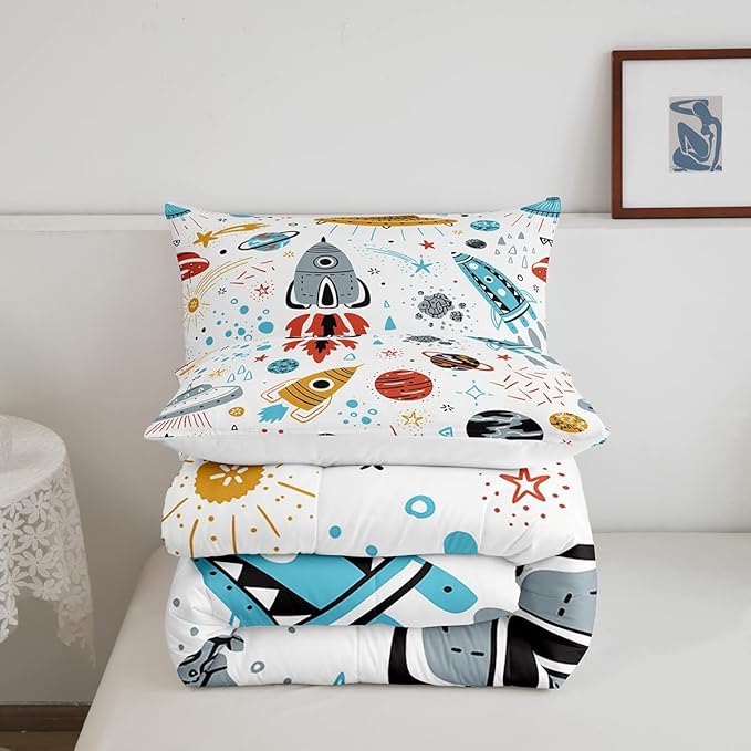 Erosebridal Outer Space Bedding Set Queen Size Kids Boys Space Ship Rocket Comforter Set Cartoon Universe Stars Planet Down Comforter Cosmos Meteorite Quilt Duvet Set with 2 Pillow Cases