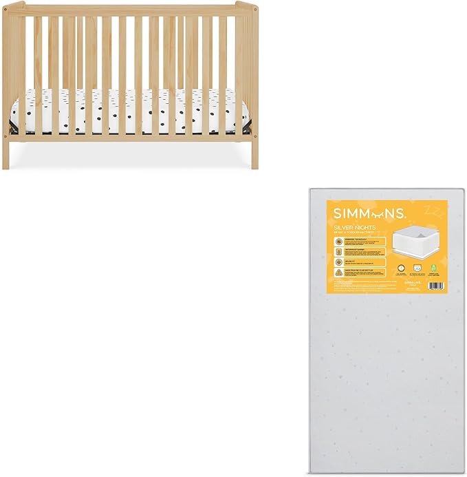 Delta Children Heartland 4-in-1 Convertible Crib, Natural + Twinkle Galaxy Crib and Toddler Mattress (Bundle)