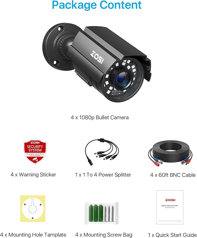 ZOSI 4 Pack 1080P 1920TVL Home Security Cameras Outdoor Indoor, Night Vision, IP66 Weatherproof 2MP Surveillance Camera, Work For 720P/1080P/5MP/4K HD-TVI,AHD,CVI analog CCTV DVR System (Black)