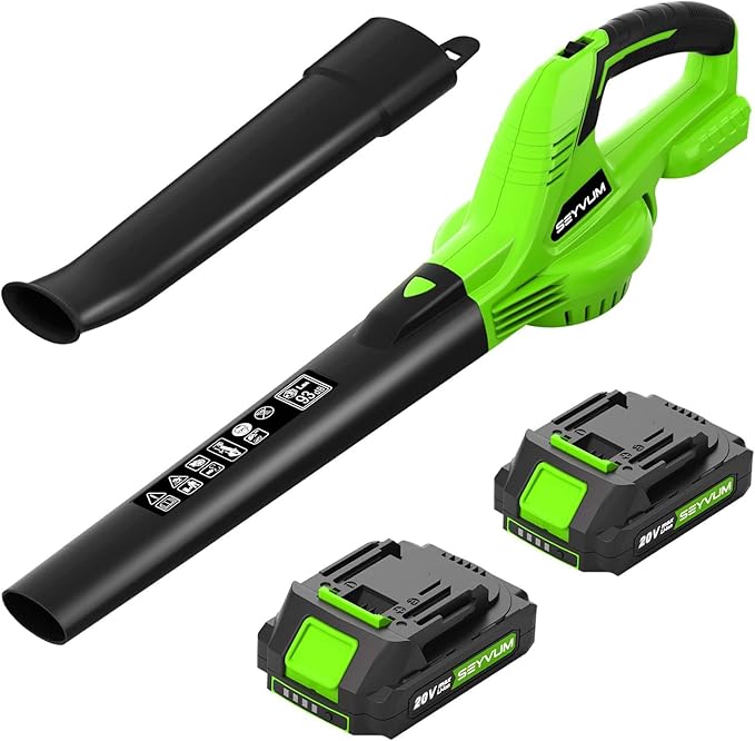 SEYVUM Leaf Blower, 20V Cordless Leaf Blower with 2 Pcs Battery, Electric Leaf Blower for Lawn Care, 320CFM 150MPH Battery Powered Leaf Blower, for Patio, Garden Cleaning, Fast Charger Included, Green