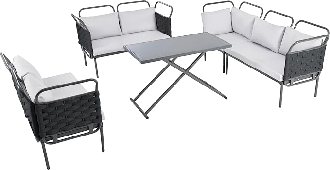 5-Piece Outdoor Furniture Sectional Conversation Sofa Set with Loveseat, Glass Table and Removable Cushions, All Weather Patio Woven Rope L-Shaped Couch for Garden Backyard, Black+Gray