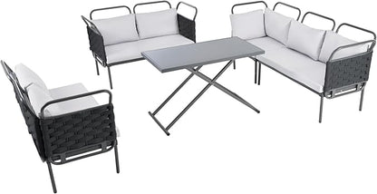 5-Piece Outdoor Furniture Sectional Conversation Sofa Set with Loveseat, Glass Table and Removable Cushions, All Weather Patio Woven Rope L-Shaped Couch for Garden Backyard, Black+Gray