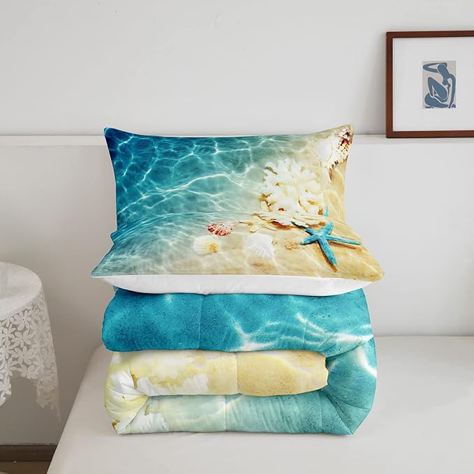 Ocean Comforter Set Twin Beach Bedding Set Coastal Nature Theme Teal Duvet Set Boys Girls Hawaiian Quilt Sets Sea Wave Animals Shell Starfish Reversible Comforter Set 1 Pillowcase, Blue Room Decor