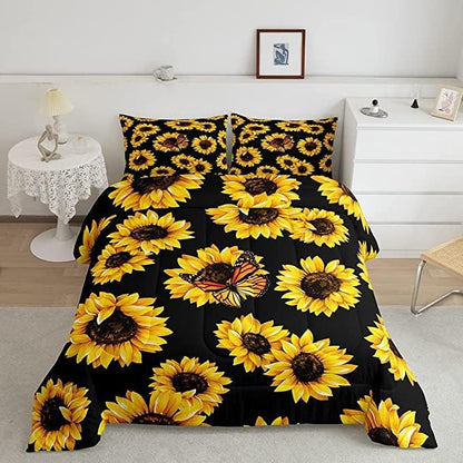 Feelyou Sunflower Bedding Set Girls Yellow Floral Butterfly Comforter Chic Flowers Comforter Set for Kids Teens Botanical Nature Duvet Set Soft Room Decor King Size Boys