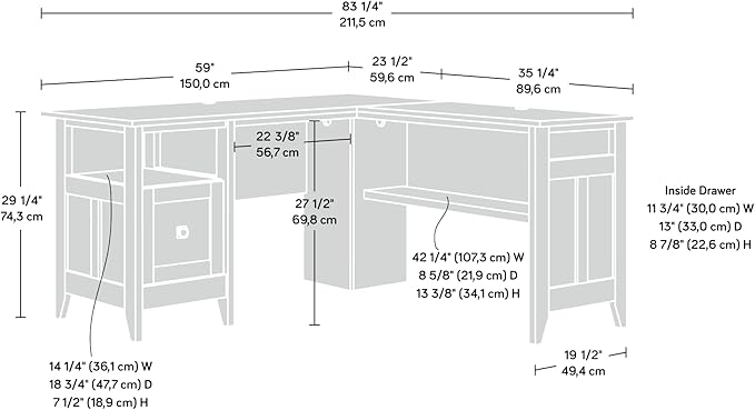 Sauder August Hill L-Shaped Home Office Desk, L: 59.06" x W: 58.74" x H: 29.25", Mystic Oak finish