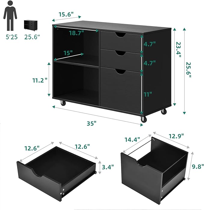 YITAHOME Wood File Cabinet, 3 Drawer Mobile Lateral Filing Cabinet, Storage Cabinet for A4, Letter Size Files, Printer Stand with Shelves for Home Office, Black