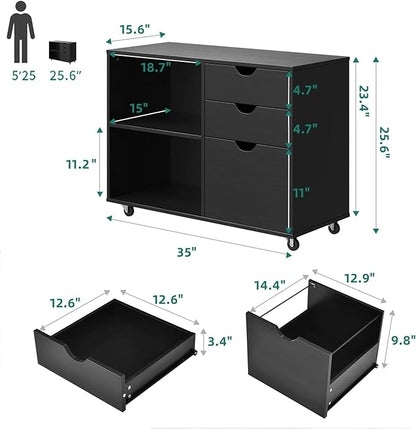 YITAHOME Wood File Cabinet, 3 Drawer Mobile Lateral Filing Cabinet, Storage Cabinet for A4, Letter Size Files, Printer Stand with Shelves for Home Office, Black