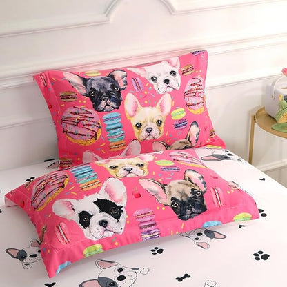 7 Piece Dog Comforter Set Full Size for Kids Cute 3D French Bulldog Dogs Bedding Bed in A Bag for Teens Boys Girls All Season Watercolor Pink Animal Themed Comforter