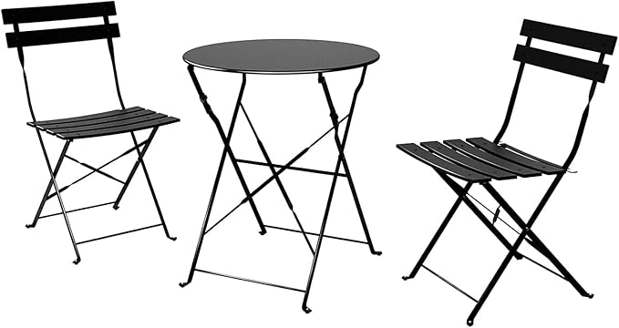 Indoor/Outdoor 3-Piece Foldable Bistro Set, Folding Outdoor Patio Furniture Sets, 2 Chairs and 1 Table, Weather-Resistant Outdoor/Indoor Conversation Set for Patio (Black)