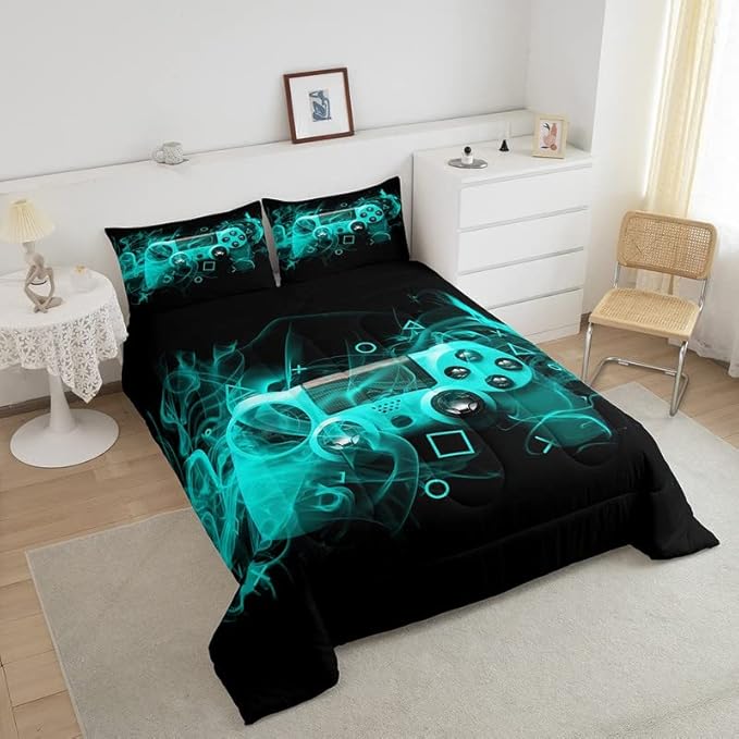Feelyou Kids Gamer Comforter Set King Size Teens Gamepad Bedroom Decor for Boys Girls Video Game Controller Bedding Set Youth Gaming Console Comforter Blue Black Geometry with 2 Pillow Case