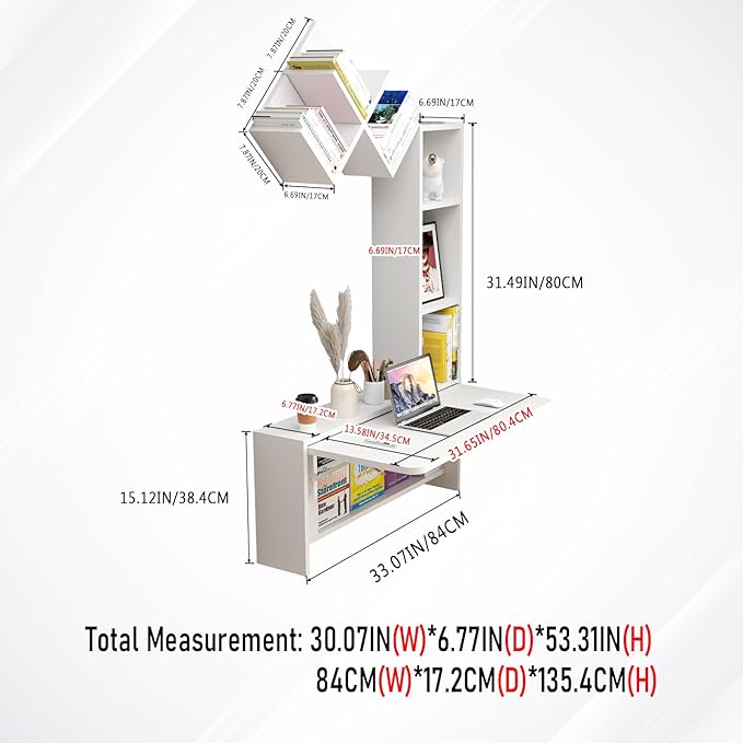 Folding Wall Mounted Drop Leaf Table, Foldable Desk with Moveable Cabinets, Floating Laptop with Convertible Storage Shelves, Multifunctional Computer Workstation in Home for Space Saving