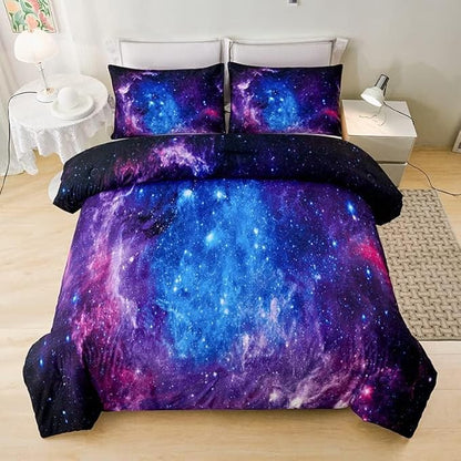 Galaxy Comforter Sets Twin 7PCS,Purple Comforter Set,Girls Bed Sets,Bed in a Bag with Flat Sheet and Fitted Sheet,Pillowcases,Cushions for Girls,Purple Galaxy Twin Bedding Sets