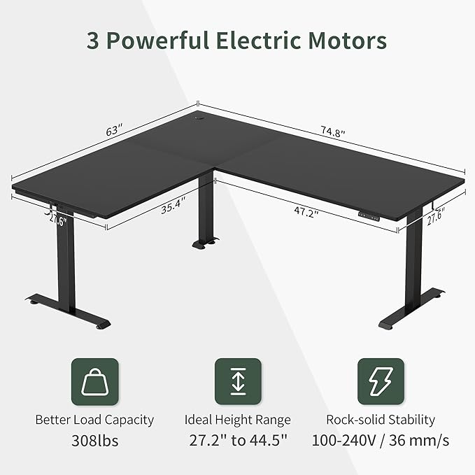 FEZIBO 75 Inches, Supports over 300mlbs, L Shaped Standing Desk Reversible, Electric Height Adjustable Corner Stand up Desk, Sit Stand Desk Computer Workstation, Black Frame/Black Top