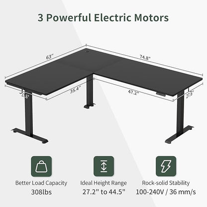 FEZIBO 75 Inches, Supports over 300mlbs, L Shaped Standing Desk Reversible, Electric Height Adjustable Corner Stand up Desk, Sit Stand Desk Computer Workstation, Black Frame/Black Top