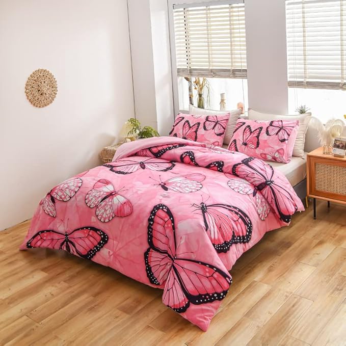 Btargot 3 Piece Pink Butterfly Girls Kids Adults Queen Size Comforter Set, Lightweight Soft All Season Bedding Set with 2 Pillowcases