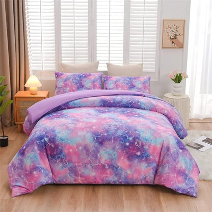 Holawakaka Tie Dye Constellation Print Ombre Comforter Set Full Size Girls Boys Gradient Galaxy Bedding Set (Purple,Full)