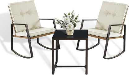 3 Pieces Rocking Bistro Set Outdoor Wicker Patio Furniture Conversation Coffee Table,Washable Cushion for Porch,balcony,Garden,Backyard,Poolside(Beige)