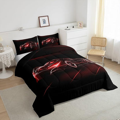 Feelyou Red Race Car Bedding Set Queen Size for Kids Boys Extreme Sport Games Comforter Set Teens Toddler Fast and Furious Duvet Set Cool Modern Quilt Set 3Pcs