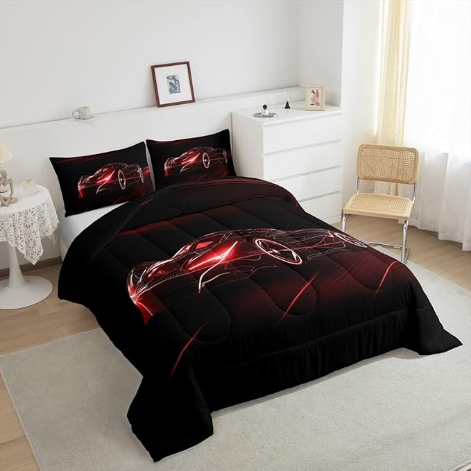 Feelyou Red Race Car Bedding Set Full Size for Kids Boys Extreme Sport Games Comforter Set Teens Toddler Fast and Furious Duvet Set Cool Modern Quilt Set 3Pcs
