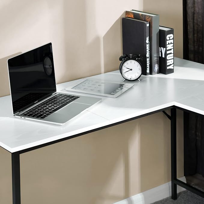 FurnitureR L-Shaped 58.3''Corner Computer Desk with Storage Shelf Long Gaming Desk for Home Office PC Workstation Saving Space Laptop Table (White and Black)