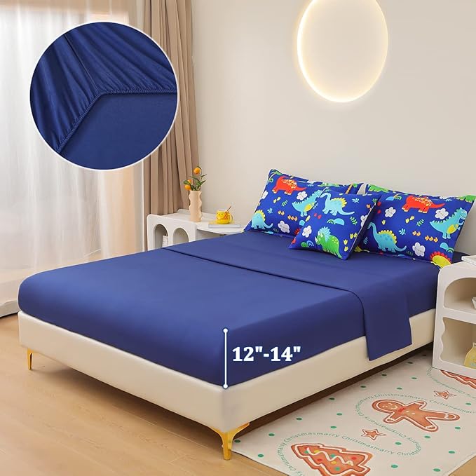Dinosaur Comforter Set for Boys, 6 Pcs Bed in a Bag Twin Blue Dinosaur Wild Park Jungle Print Kids Bedding Set with Sheets