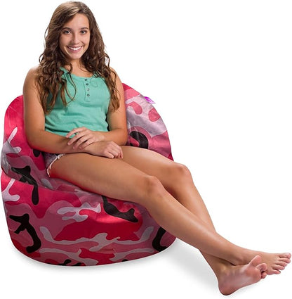 Posh Creations Structured Comfy Bean Bag Chair for Gaming, Reading and Watching TV, Sonoma Lounge, Nylon - Camo Pink and Black