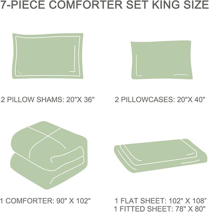 EMME Botanical Sage Green Comforter Set King Size 7 Pieces＿Brushed Microfiber Bed in a Bag for Girls, Ultra Soft Bedding Set with Sheets (Sage Green, King (7 Piece), Adult