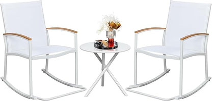 Shintenchi 3 Piece Outdoor Rocking Bistro Set, Textilene Fabric Small Outdoor Furniture, Front Porch Rocker Chairs Conversation Set with Table for Lawn, Garden, Balcony, Poolside (White)