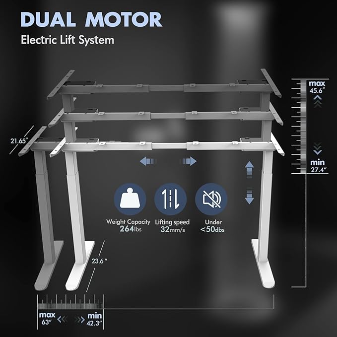 AIMEZ0 Dual Motor Electric Sit Stand Desk Standing Desk Frame Adjustable Height 27.4-45.6 inches Motorized Standing Computer Desk for Home and Office (White Frame only)