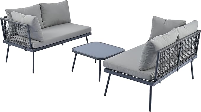 3-Piece Outdoor Furniture Set Rattan Sectional Sofa with Glass Table and Removable Cushions, All Weather PE Patio L-Shaped Couch Metal Frame, for Backyard, Poolside, Garden, Onesize, Gray