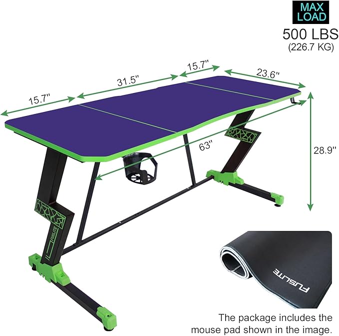 63 Inch Gaming Desk, with Carbon Fiber Surface, Lightning-Shaped PC Computer Table, with Headphone Holder, Cup Holder, Cable Management Box, Gaming Table for Gamer, Purple&Green