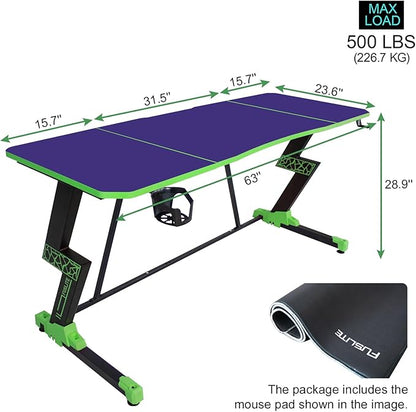63 Inch Gaming Desk, with Carbon Fiber Surface, Lightning-Shaped PC Computer Table, with Headphone Holder, Cup Holder, Cable Management Box, Gaming Table for Gamer, Purple&Green
