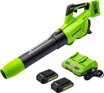 Greenworks 48V (2 x 24V) Cordless Axial Leaf Blower (125 MPH / 515 CFM / 125+ Compatible Tools), (2) 2.0Ah Batteries and Dual Port Charger Included