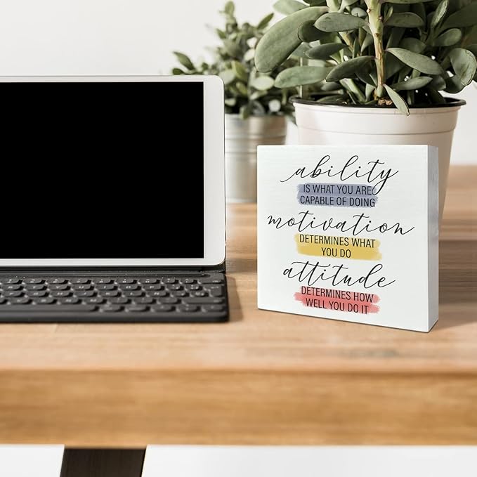 Home Office Desk Wooden Box Sign Decor, Ability Is What You Are Capable of Doing, Inspirational Quotes Desk Decor Motivational Desk Decorations for Women Men Student Office Classroom School