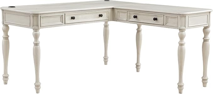 OSP Home Furnishings Country Meadows L-Shape Desk with 2 Full Drawers and Power Hub, Antique White