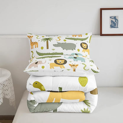 Feelyou Wild Animals Comforter Set Safari Animals Print Comforter for Boys Girls Teens Cute Hippo Crocodile Lion Bedding Set Kids Cartoon Elephant Giraffe Duvet Set Room Decor Quilt King Size Boys