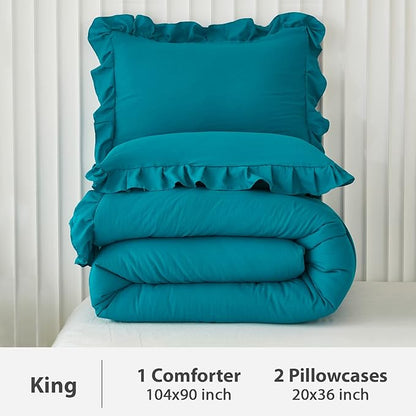 Andency Turquoise King Comforter Set(104x90Inch), 3 Pieces(1 Ruffle Comforter and 2 Pillowcases) Lightweight and Fluffy Bedding Comforter Set, All Season Soft Microfiber Shabby Chic Bedding Set