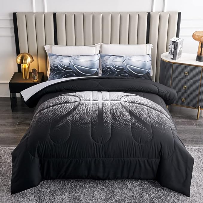 Teen Boy Comforter Set Full,Basketball Bedding Set for Kids Boys Teens,Black and Grey Sports Comforter Full with 2 Pillowcases,Basketball Comforter Full Size for Boys,All Season Use