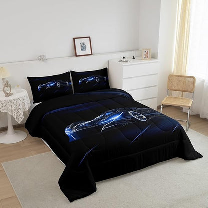 Feelyou Blue Race Car Bedding Set Queen Size for Kids Boys Extreme Sport Games Comforter Set Teens Toddler Fast and Furious Duvet Set Cool Modern Quilt Set 3Pcs