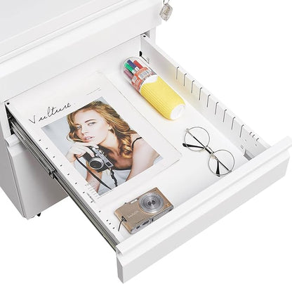 3-Drawer Mobile Lock and 5 Casters,Pre-Assembled Metal Office Storage Filing Cabinets w/ 1 Removable Hanging Rods,for Legal/Letter Size,White