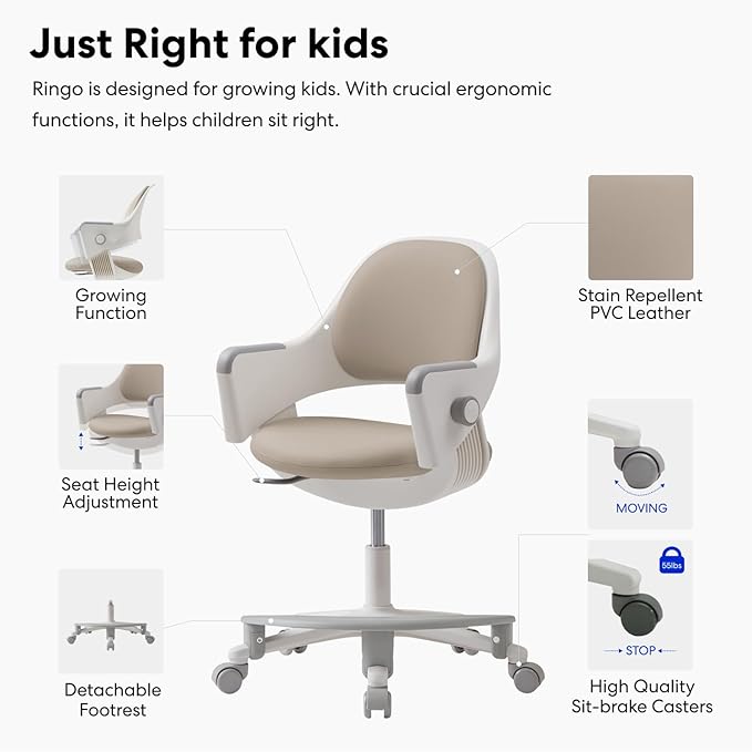 SIDIZ ringo Kids Desk Chair : Ergonomic Kids Chair with Footrest, 4-Step Growing Function, Adjustable Seat Height, Sit-Locking Casters, Swivel Type Kids Chair (Soy Milk Beige Chair)