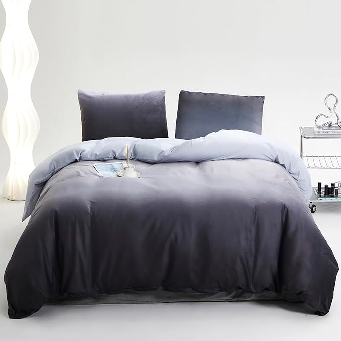 Gray White Gradient Comforter Set Queen Gray Velvet Bedding Comforter Modern Plain White and Deep Gray Gradient Soft Quilt Farmhouse Flannel Comforter Warm Queen Bed Comforter